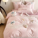 Pink cartoon rabbit moon cotton bedding set bedroom pom pom trim