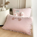 Pink cartoon rabbit moon cotton bedding set bedroom pom pom trim