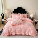 Pink embroidered bear cotton bed skirt set bedroom ruffled bedding
