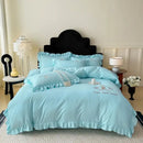 Pink embroidered bear cotton bed skirt set bedroom ruffled bedding