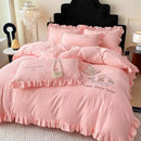 Pink embroidered bear cotton bed skirt set bedroom ruffled bedding
