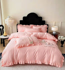 Pink embroidered bear cotton bed skirt set bedroom ruffled bedding