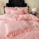 Pink embroidered bear cotton bed skirt set bedroom ruffled bedding