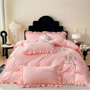 Pink embroidered bear cotton bed skirt set bedroom ruffled bedding
