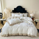 Pink embroidered bear cotton bed skirt set bedroom ruffled bedding