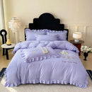 Pink embroidered bear cotton bed skirt set bedroom ruffled bedding