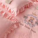 Pink embroidered bear cotton bed skirt set bedroom ruffled bedding