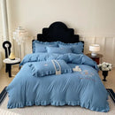 Pink embroidered bear cotton bed skirt set bedroom ruffled bedding