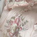 Pink flowers embroidery bedding set pink & gray satin bedroom duvet