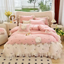 Pink flowers lace ruffles bedding set bedroom egyptian cotton