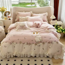 Pink flowers lace ruffles bedding set bedroom egyptian cotton