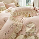 Pink flowers lace ruffles bedding set bedroom egyptian cotton