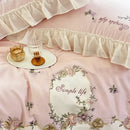 Pink flowers lace ruffles bedding set bedroom egyptian cotton