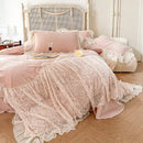 Pink french lace ruffles velvet bedding set bedroom decor