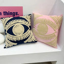 Pink & navy eye embroidered cotton throw pillow cover living room
