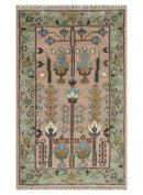 Pink, Olive and Beige Traditional Vintage Heriz Serapi Wool Rug
