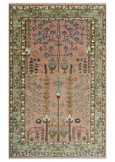 Pink, Olive and Beige Traditional Vintage Heriz Serapi Wool Rug