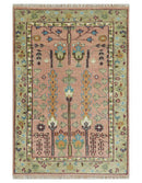 Pink, Olive and Beige Traditional Vintage Heriz Serapi Wool Rug