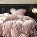 Pink satin 1000tc luxury embroidery bedding set bedroom ruffles