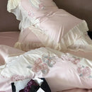 Pink satin egyptian cotton flowers bedding set bedroom lace ruffles