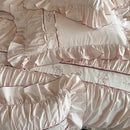 Pink satin embroidery lace ruffles bedding set bedroom cotton