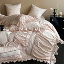 Pink satin embroidery lace ruffles bedding set bedroom cotton
