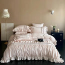 Pink satin embroidery lace ruffles bedding set bedroom cotton