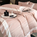 Pink satin jacquard duvet cover set bedroom white piping