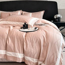 Pink satin jacquard duvet cover set bedroom white piping