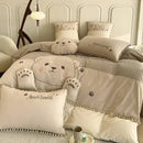 Plush cream cartoon bear applique cotton bedding set bedroom quilt cover