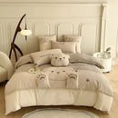 Plush cream cartoon bear applique cotton bedding set bedroom quilt cover