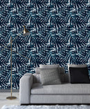 Voguish Dark Blue Palm Leaves Wallpaper