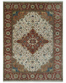 Premium Fine Floral Ivory and Rust Traditional Heriz 9x12 Hand Knotted wool area rug