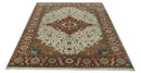 Premium Fine Floral Ivory and Rust Traditional Heriz 9x12 Hand Knotted wool area rug