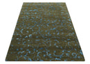 Premium look Antique Style Olive and Blue Hand loom 6x9 wool and Art Silk Area Rug