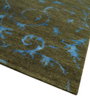 Premium look Antique Style Olive and Blue Hand loom 6x9 wool and Art Silk Area Rug