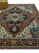 Premium look Fine Hand Knotted Rust, Ivory and Beige Traditional Heriz 8x10 wool rug