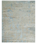 Premium look Hand knotted Silver and Blue modern Abstract wool and Silk Blended 7.10x9.6 Area Rug