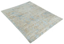 Premium look Hand knotted Silver and Blue modern Abstract wool and Silk Blended 7.10x9.6 Area Rug