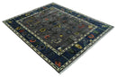 Premium look Vibrant Colorful Charcoal, Blue and Ivory Hand knotted Traditional Floral 8x10 wool Area Rug