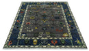 Premium look Vibrant Colorful Charcoal, Blue and Ivory Hand knotted Traditional Floral 8x10 wool Area Rug