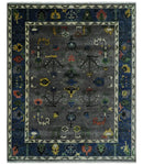 Premium look Vibrant Colorful Charcoal, Blue and Ivory Hand knotted Traditional Floral 8x10 wool Area Rug