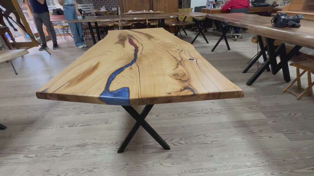 chestnut living edge dining table 38x75x29.5 Natural finish cut from one tree 360 view