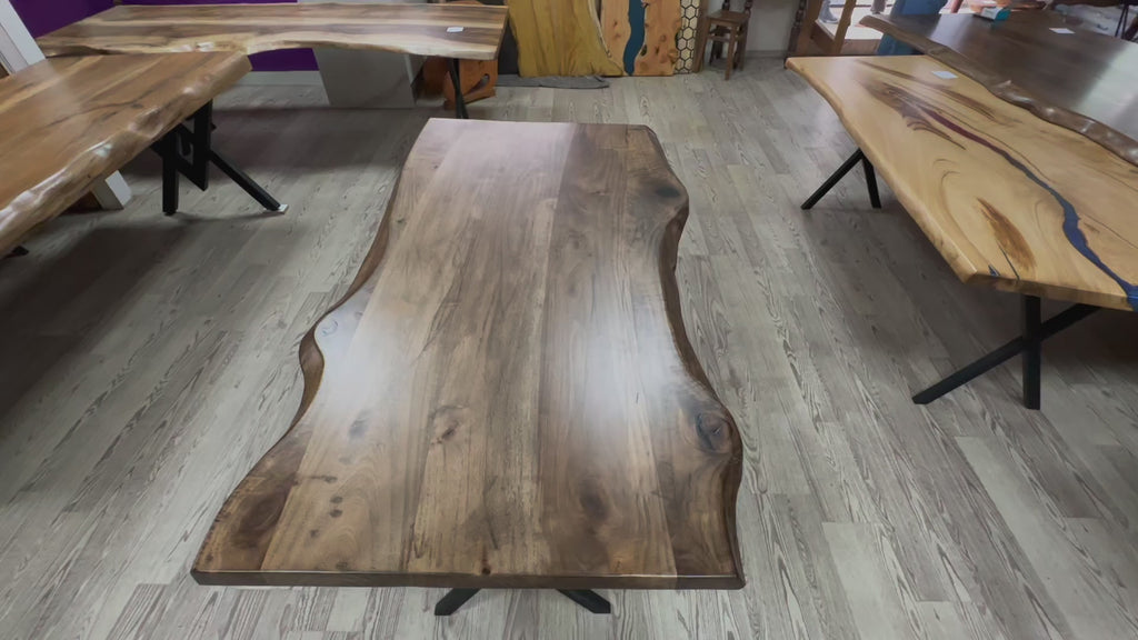 walnut living edge dining table 35x65x29.5 Natural finish cut 360 view