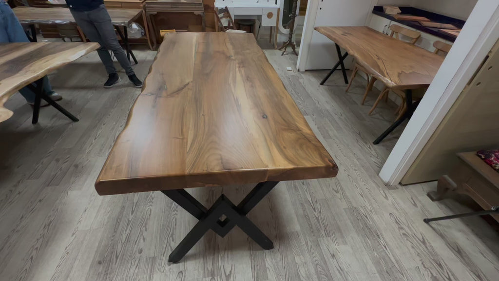walnut living edge dining table 37x84x29.5 thick Natural finish epoxy filled 360 view