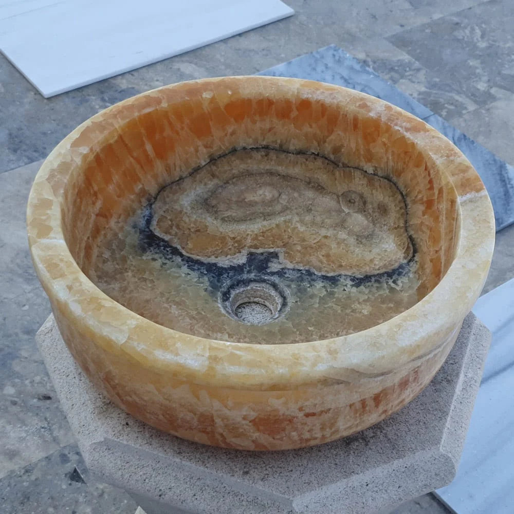 Honey Onyx marble vessel sink 360 view