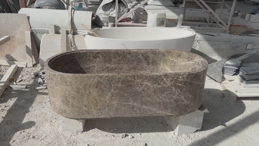 Emperador Light Marble Bathtub Hand-carved from Solid Marble Block (W)29.5" (L)67" (H)19.5" 360 view