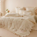 Princess cream flowers embroidery ruffles bedding set bedroom decor