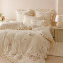 Princess cream flowers embroidery ruffles bedding set bedroom decor