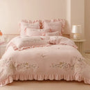Princess cream flowers embroidery ruffles bedding set bedroom decor